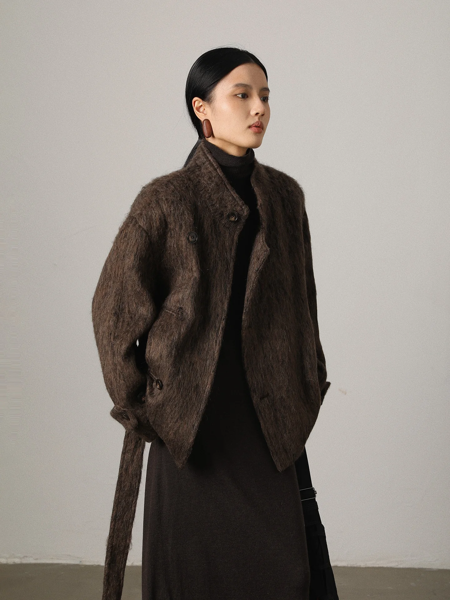 

Vimore Warm Brown Vintage Sle Woolen Coat with Belt Stand Collar Single Button Fem Outerwear Winter Faion ort Coat