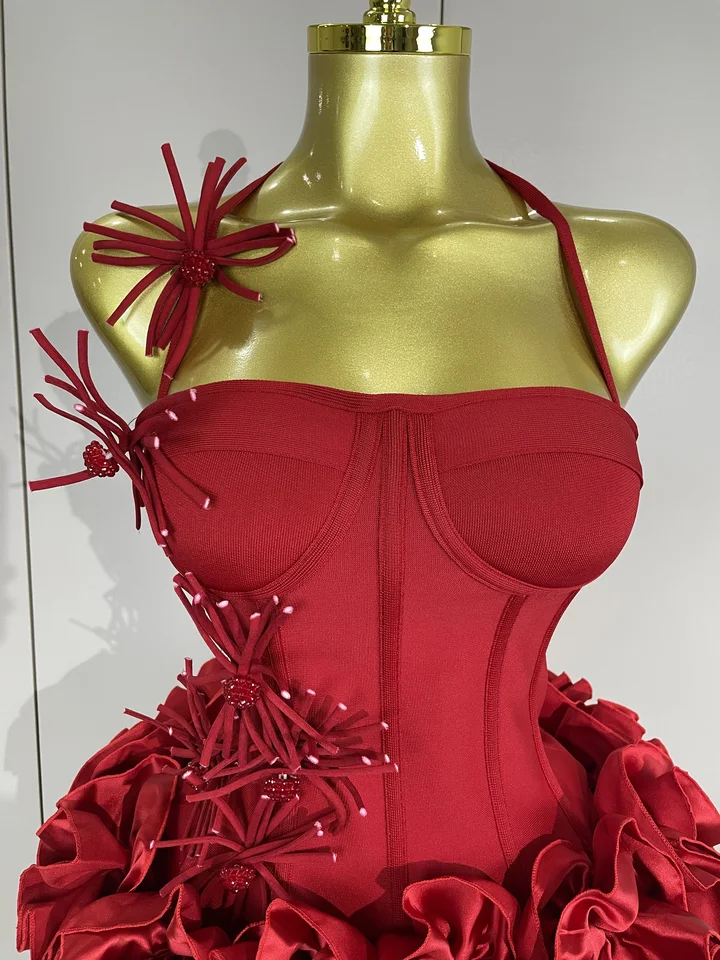 Vestido de Gala Halter Sexy para Mujer, Conjunto de Dos Piezas Elegante para Fiesta, Outfit de Venda Rojo y Negro para Cumpleaños 5