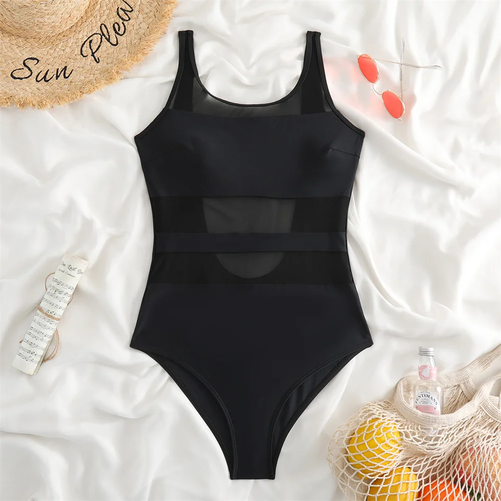 

See Through Backless Bikini Black Mesh Patchwork HighWaist Swimsuit Push Up Monokini Women Swimwear Beach Bathing Suit Sexys Set