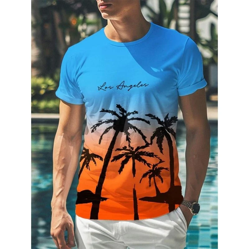 Gradient Print Palm Trees Fashion Hawaiian T-shirt Men's Clothing Short Sleeve Leisure Outdoor T Shirts 2025 Summer Casual Top