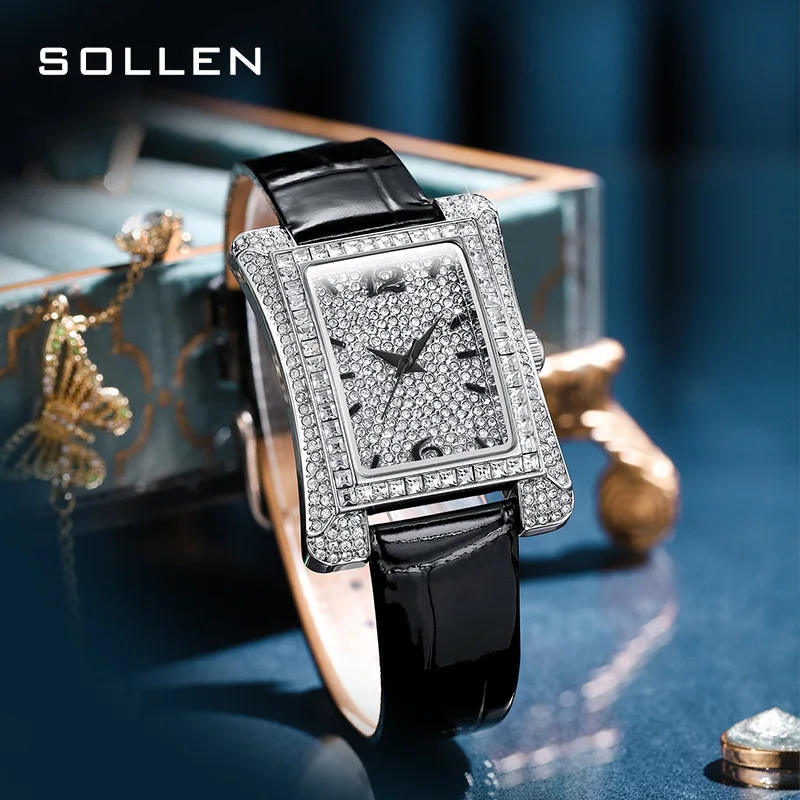 SOLLEN Brand High-end Luxury Full Diamond Womens Watches Leather Fashion Square Dial High Quality Quartz Watch Women Reloj Mujer