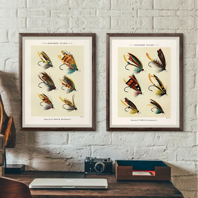 Antique Orvis Salmon Trout Flies Illustration Prints 1892 Fishing Poster Canvas Painting Wall Pictures Retro Home Decor Gift