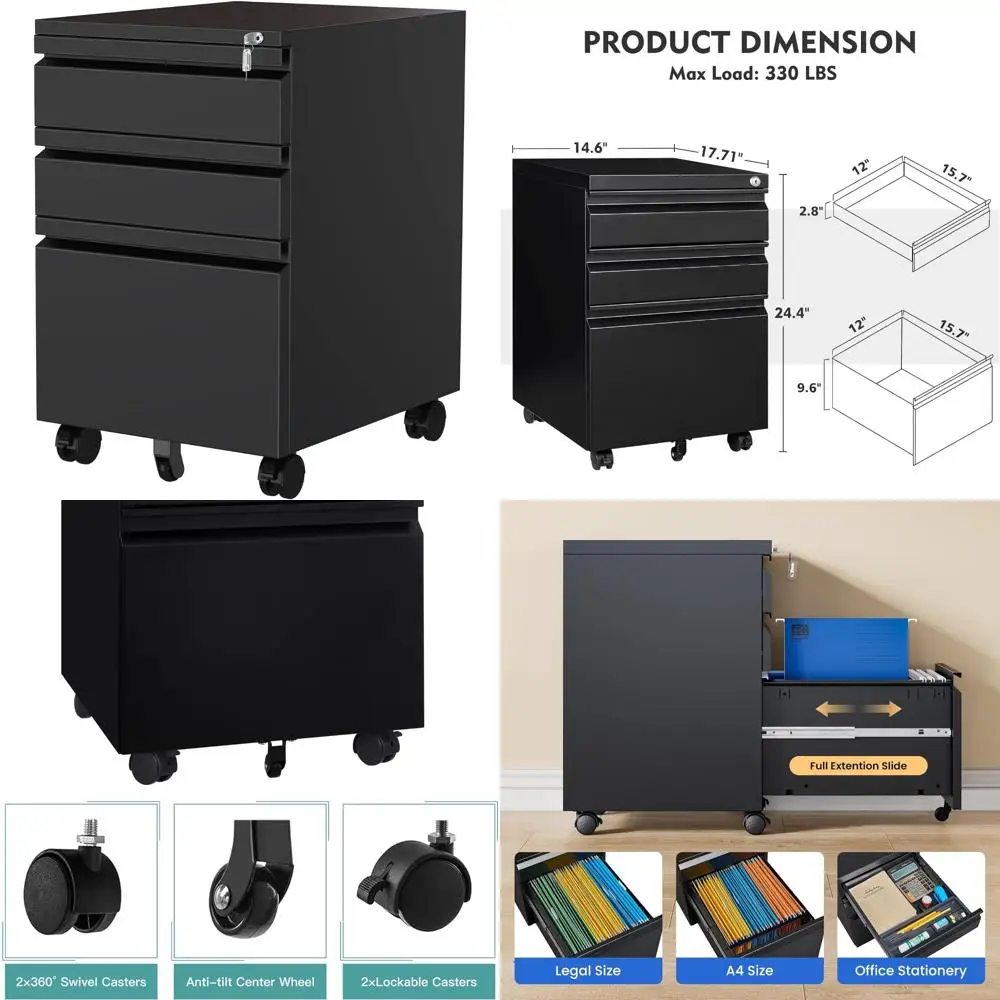 Metal 3-Drawer File Cabinet with Lock, Rolling Wheels, Deep Drawers for Hanging Files, Office Storage Under Desk, Secure Filing