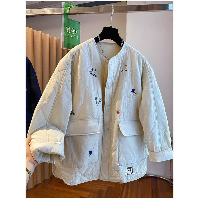 

Embroidery Casual Round Neck Cotton-padded Jacket 2026 New Women's Winter Lazy Loose Large Size Padded Warm Coat