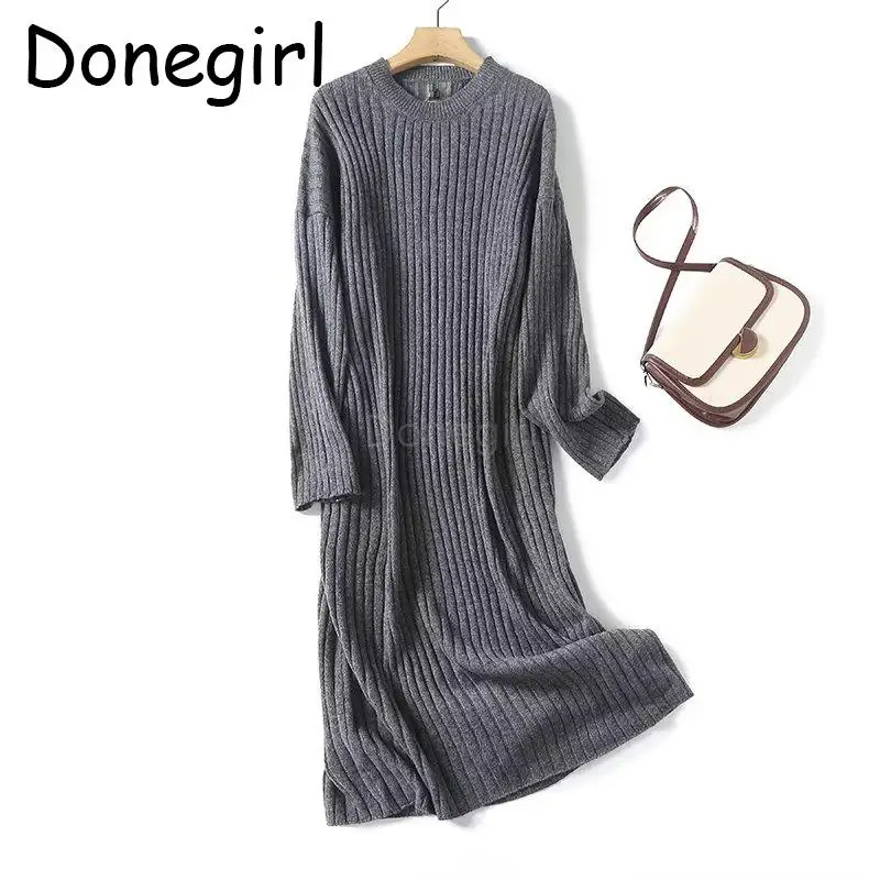 Donegirl Women New 2024 Autumn Winter Fashion Solid Dress Commute Thread Striped Long Knitted Sweater Dresses Simple Female Chic