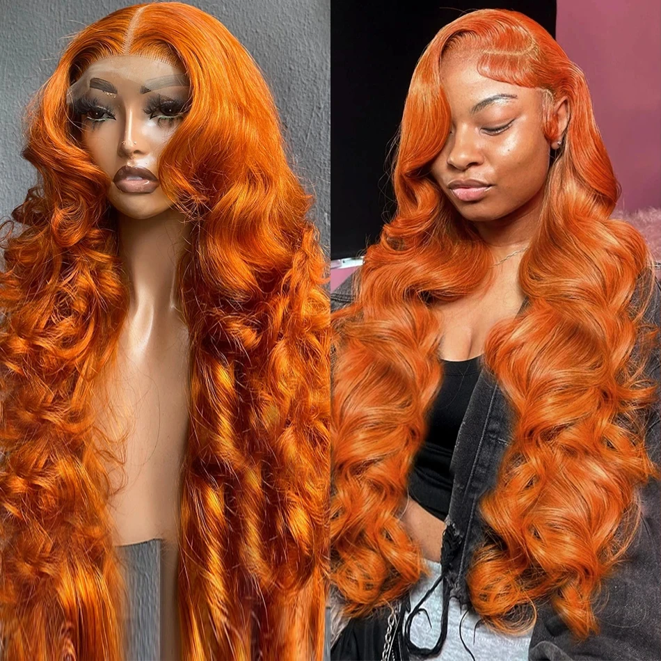 Onda do corpo peruca dianteira do laço para as mulheres, 100% cabelo humano, peruca frontal do laço transparente HD, perucas brasileiras à venda, gengibre laranja, 13x6