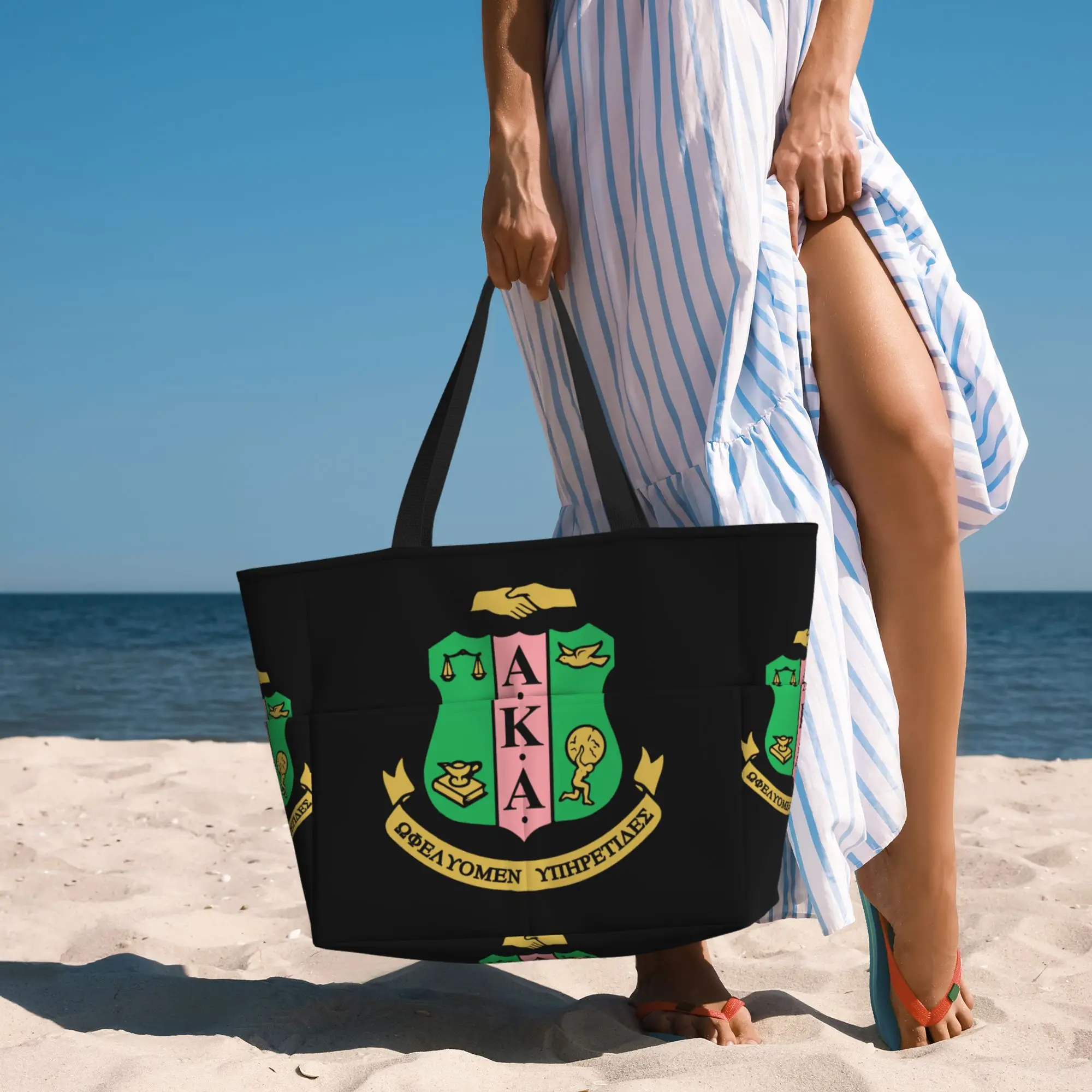 AKA Sorority Large Waterproof Beach Bag for Women Sandproof Pool Bag Tote Bag with Zipper and Pockets for Gym Travel Vacation