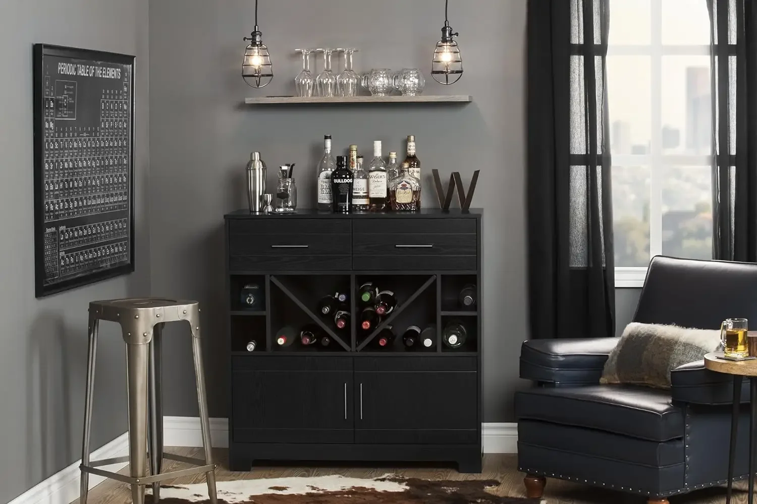 Vietti Bar Cabinet With Liquor And Wine Bottle Storage With Drawers Black Oak With Metal Handles 17\