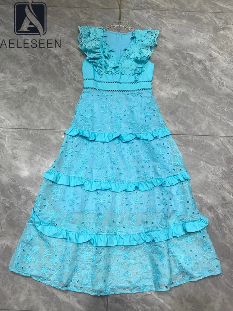 

AELESEEN Designer Fashion Summer Dress Women Sleeveless V-neck 3D Appliques Ruffles Flower Embroidery Hollow Out Slim Elegant