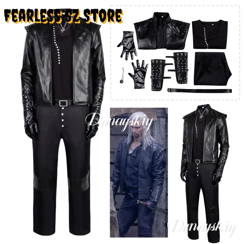 

Geralt Cosplay Black Leather Costume Coat Shirt Pants Full Set Halloween Witchh 5 Cosplay Outfit Man Battle Suit Custom Made