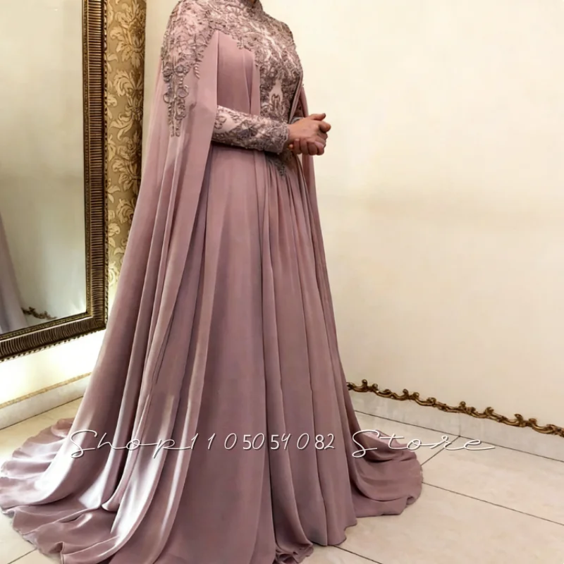 Customized Muslim Model Mauve Evening Dress Beaded Lace Long Sleeve Trailing A-Line Classic Elegant Arab Ladies Birthday Dresses
