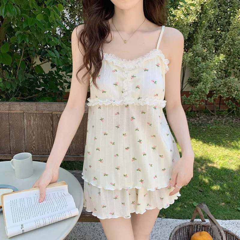 

Chest Pads Suspender Pajamas Women Sweet Cute Printed Loungewear Sleeveless Tank Top Shorts Large Size Short Pajamas Two-Piece