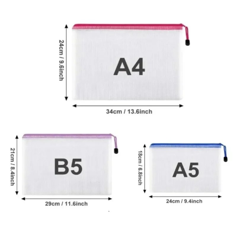 1-3Pcs Transparent PVC Waterproof Mesh Zipper File Bag Office Document Household Storage Organizer Pouch