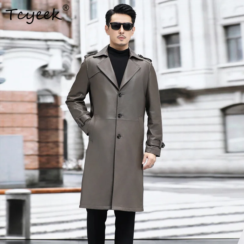 Tcyeek Real Leather Man Jackets Top Layer Sheepskin Coat Casual Autumn Men Clothing Over Knee Trench Coats Jaqueta De Couro