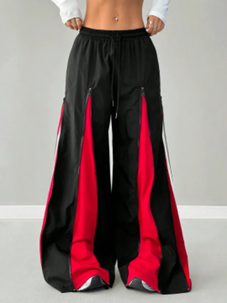 Y2K Casual Trousers emo Women's Black Red Color Block Wide Leg Pants Zipper Detail High Waist Drawstring Oversized Streetwear