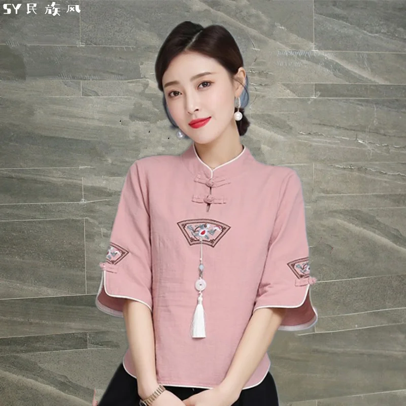 

Ethnic Style Zen Tea Dress Spring and Summer New Women's Cotton And Linen Tang Costume Hanfu Vintage Disc Button Embroidered Top