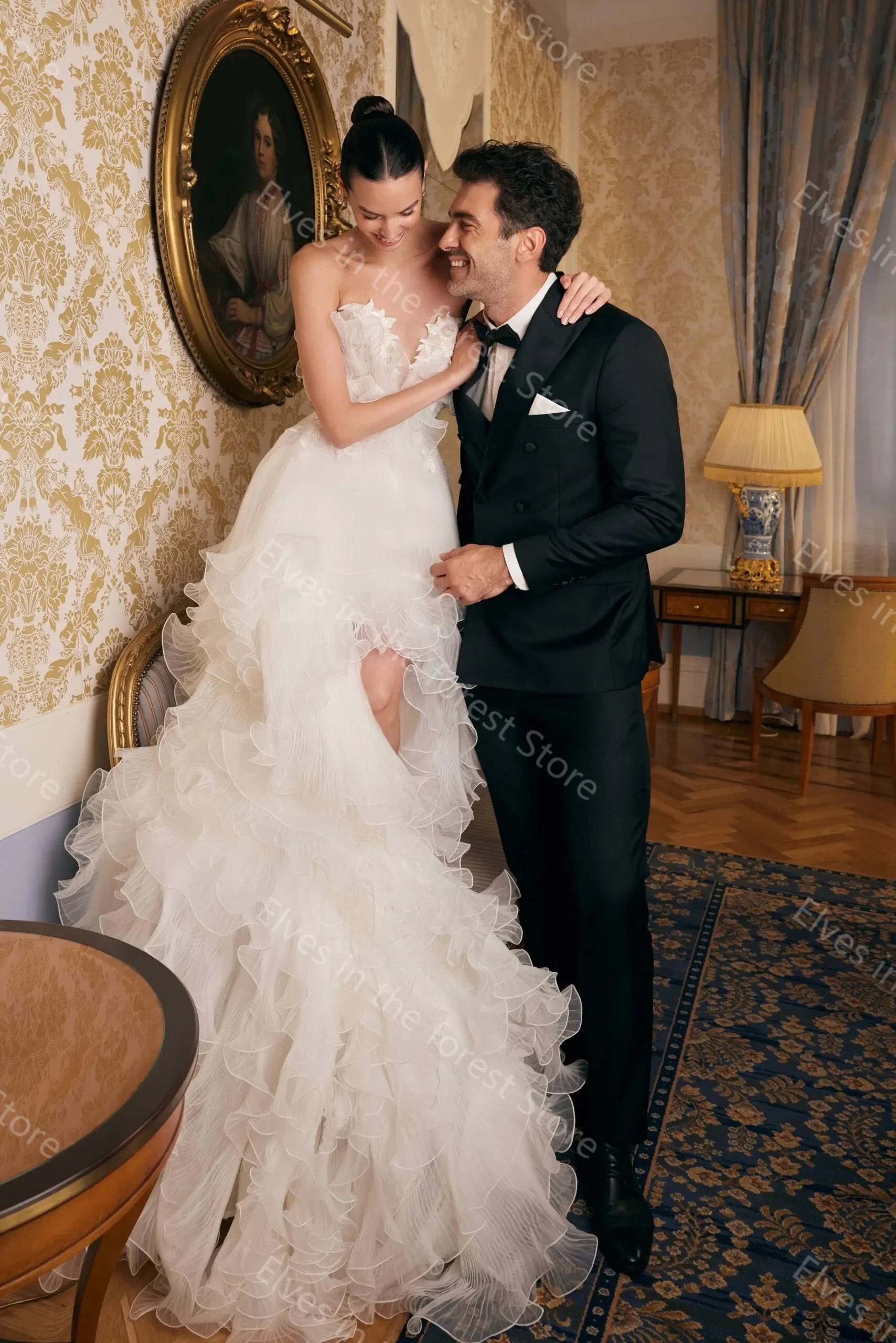 فساتين زفاف تول براقة دانتيل منتفخ طبقات الكشكشة زي العرائس مثير مرحبا لو ذيل طويل مخصص Vestidos De Mariee #3