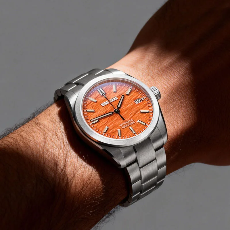 Men Watch 39mm Automatic Wristwatches NH35 Pattern Dial Orange Solid Links Sapphire 10 ATM See-through Back Fly Adjustment Clasp