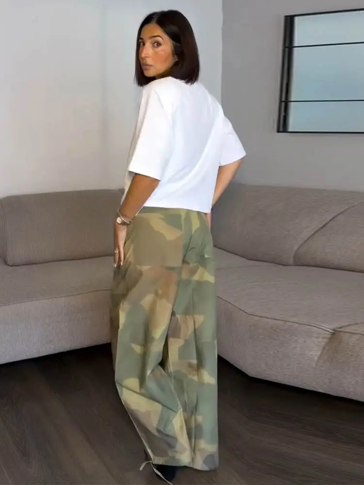 Women Green Camo Pattern Loose Fit Wide Leg Pants Females Side Pocket Trousers 2026 Lady Stylish Daily Commute Streetwear Bottom
