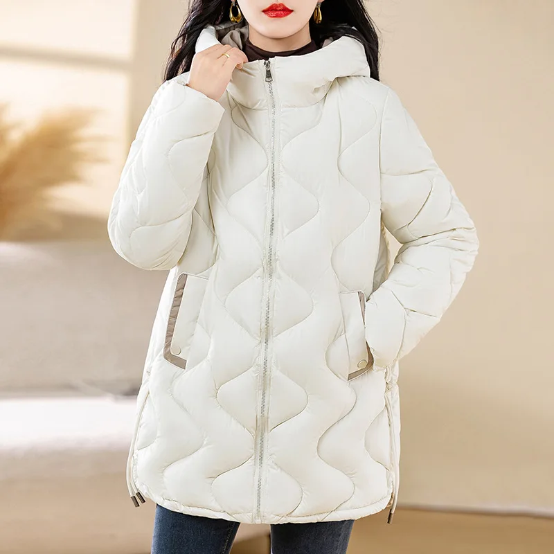 Parkas Coat Women Hooded Mid Length Jacket Solid Zip Diamond Quilt Drawstring Long Sleeve Thick Office Lady Casual 2025 Winter