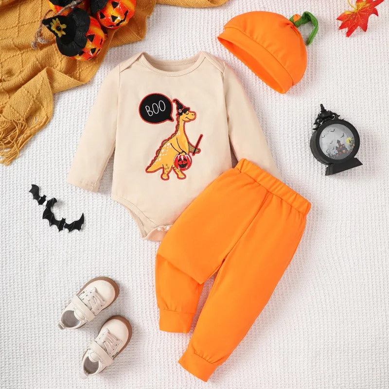Newborn Infant Toddler Baby Halloween Outfit Set Beige Long Sleeve Bodysuit Orange Pants Pumpkin Hat 3 Piece Costume 0 24M