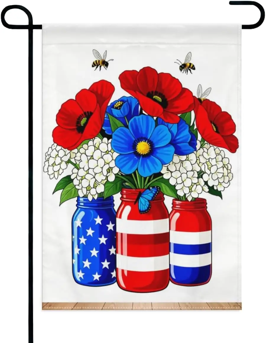 Patriotic Mason Jar Floral Garden Flag 12x18 Inch Double Sided – Red White Blue Flowers & Bees Outdoor Yard Decoration f jjp