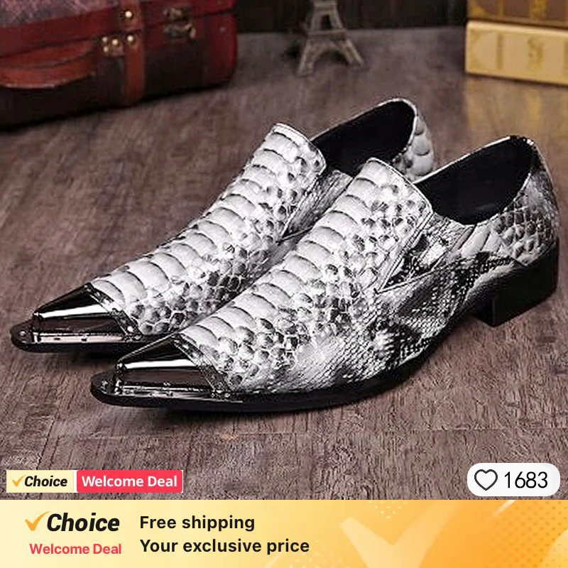 Classic Snake Pattern Genuine Leather Shoes Metal pointed endToe Slip On Oxford Shoes for Men Fashion Business party shoes men