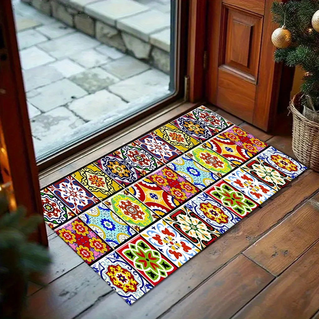 Mediterranean Mosaic Tile Doormat Colorful Bohemian Floral Pattern Entrance Carpet For Kitchen Dining Room Front Door Floor Mat