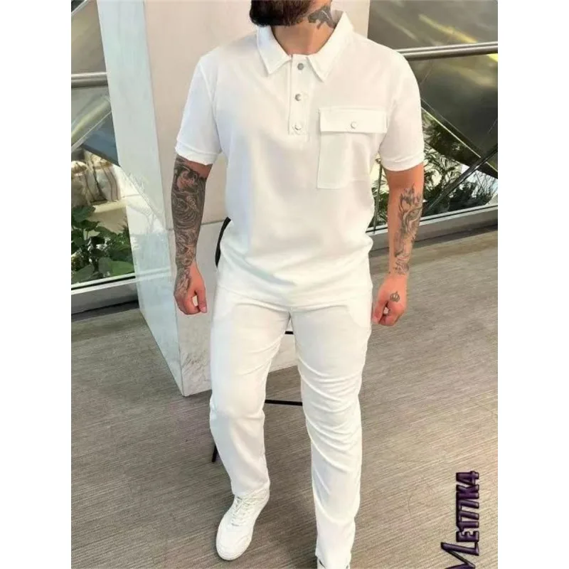 

Men's Clothing Spring and Autumn high quality Pocket Short-sleeved Trousers Casual Trendy Sports suit Fashion Two-piece Set