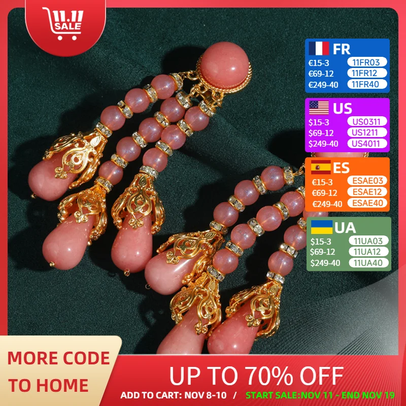 

Big Pink Large Earrings Vintage Natural Stone Tassel Drop Water Droplet Bead Rose Quartz Luxury Quality Designer Jewelry 2025