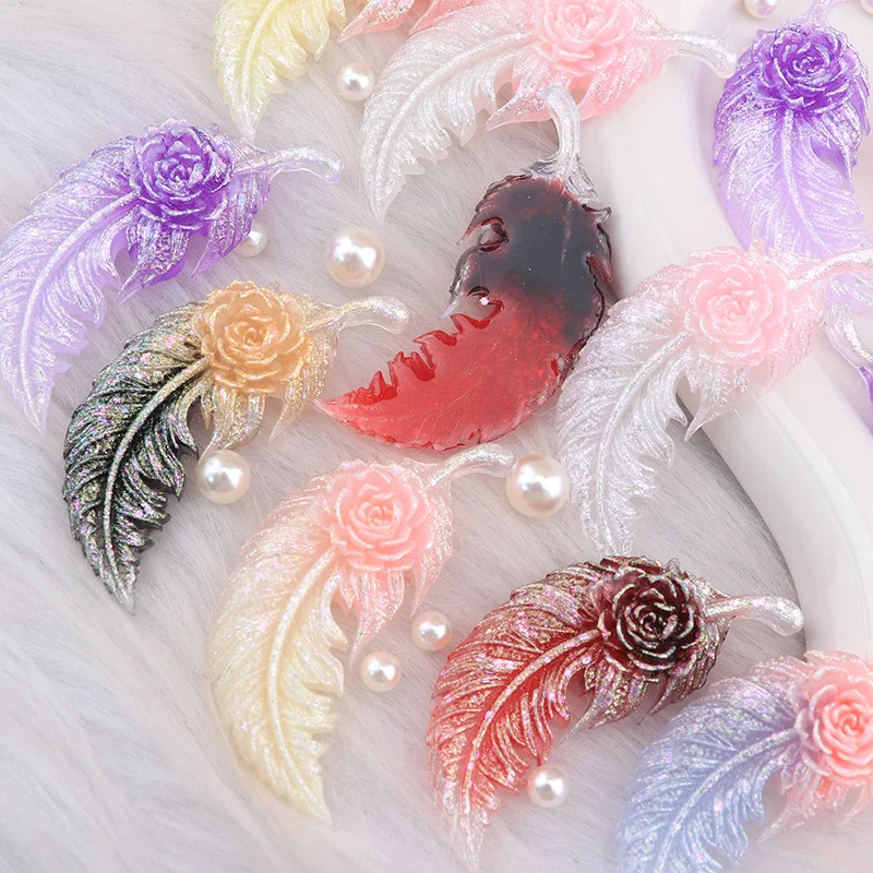 10Pcs Luminous Flower Feathers Flat Back Resin Ornaments Craft Supplies Decorate DIY Phone Hair Decoration Jewelry Accessories