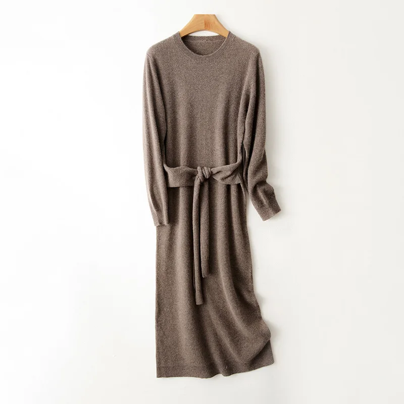 100% Wool Crew Neck Solid Color Belted Long Skirt, Women's Retro Style Waist-Defined Warm Wool Dress