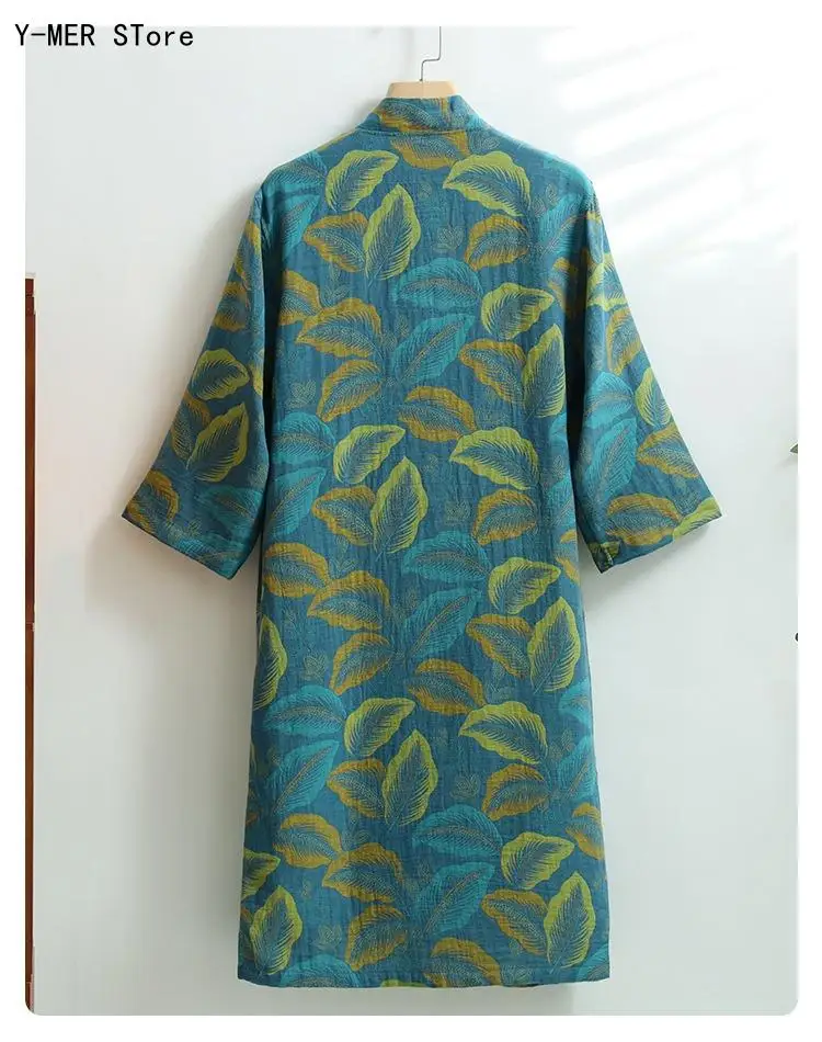Spring Autumn Chinese Style Bathrobe Double Layer Gauze 100% Cotton Quick Dry Men Women Home Robe Loungewear Sleepwear 6