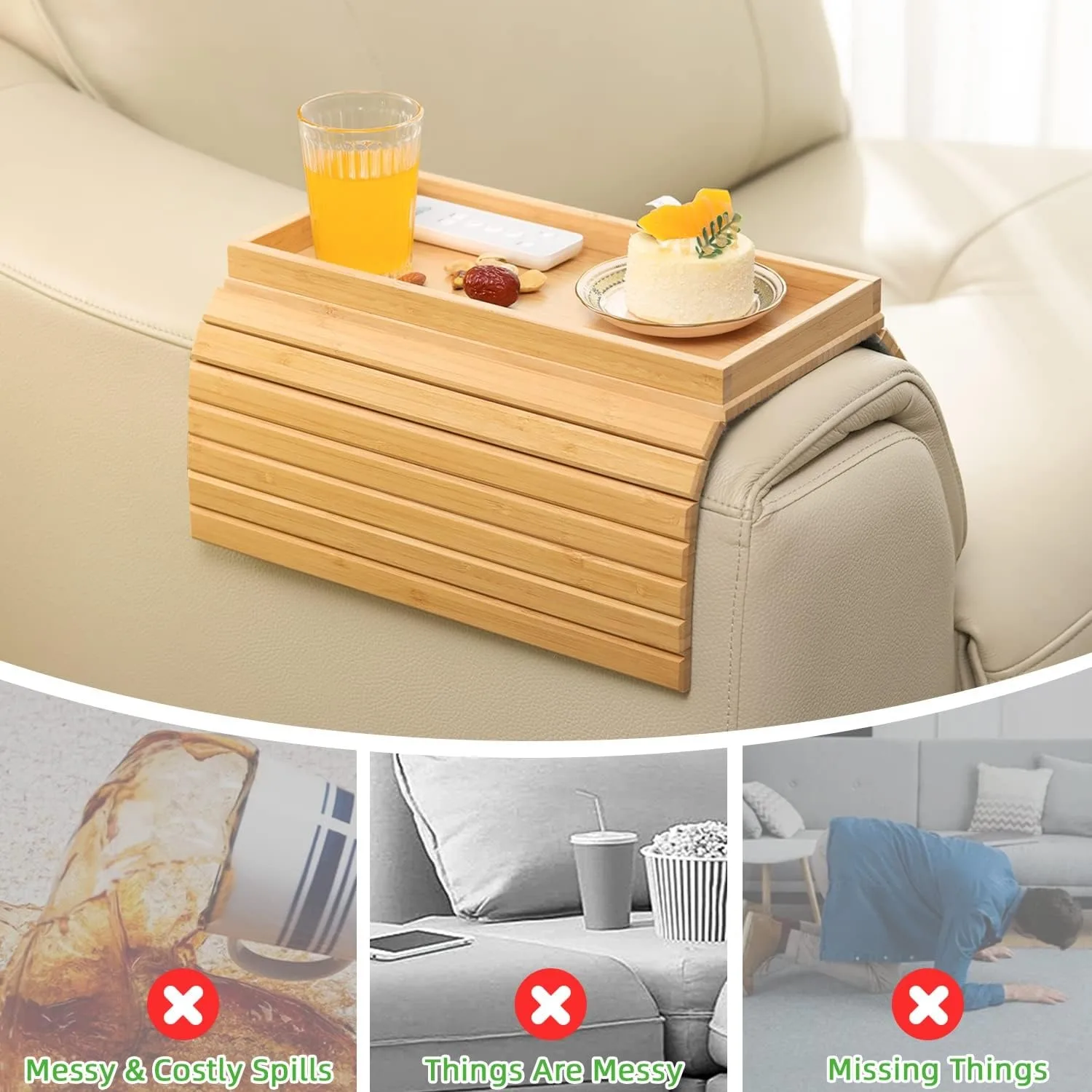 Bamboo Foldable Sofa Arm Tray Anti-Falling Couch Side Table with Cup Holder for Drinks And Phone Control Portable Armrest Table