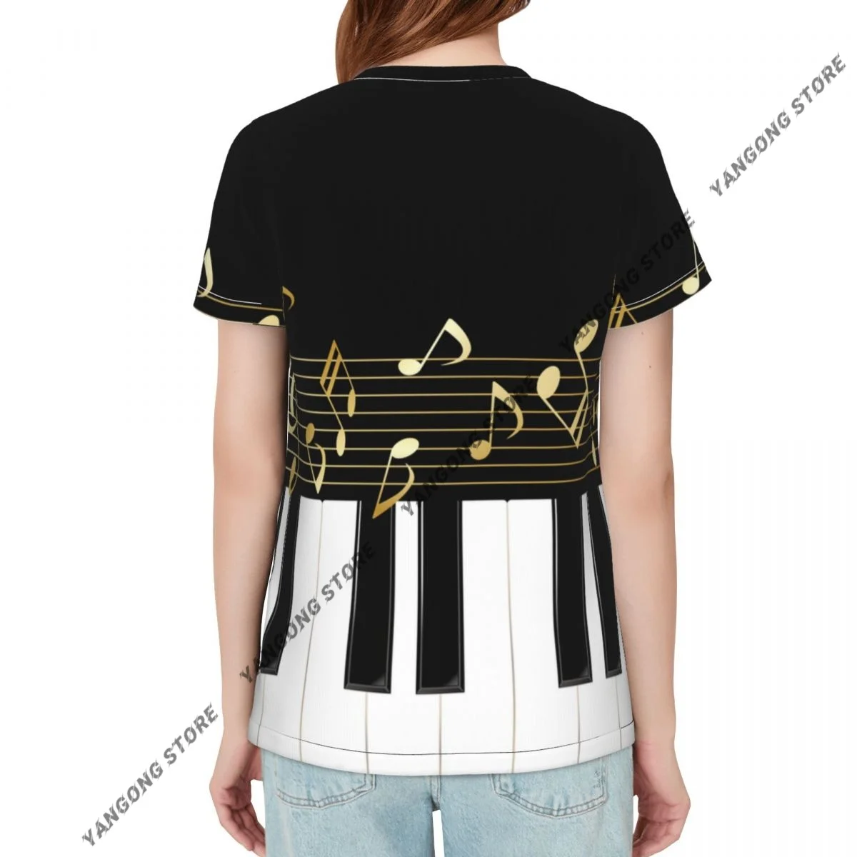 Womens Short Sleeve Piano Keyboard And Musical Notes Casual Tee Clothing Crewneck Woman T-Shirts