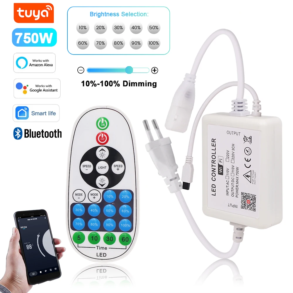 750W Music Wifi Bluetooth Dimmer Controller US 110V EU AU UK 220V For 8mm PCB Width 288LEDs/m 360LEDs/m No Wires COB LED Strip