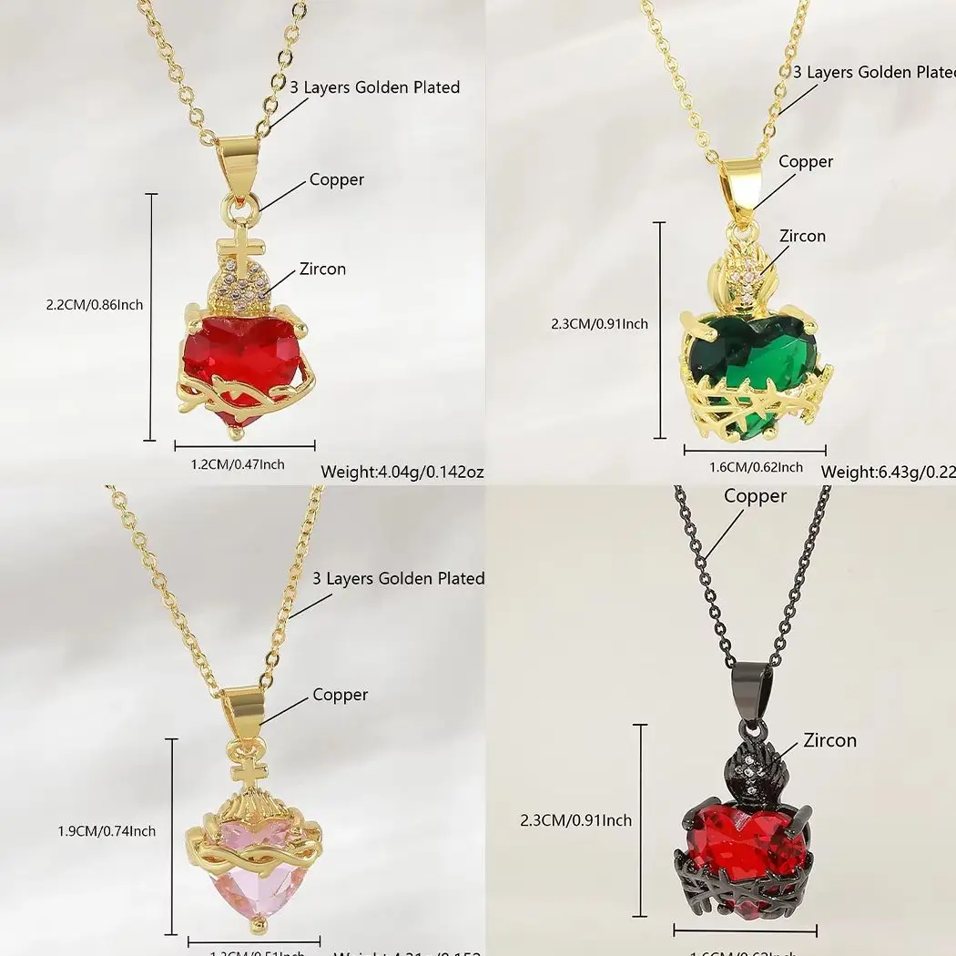 MHS.SUN 5pcs/Lot Red Sacred Heart Pendant Necklaces for Women Men Cubic Zircon Flame Cross Gold Plated Choker Jewelry Gift