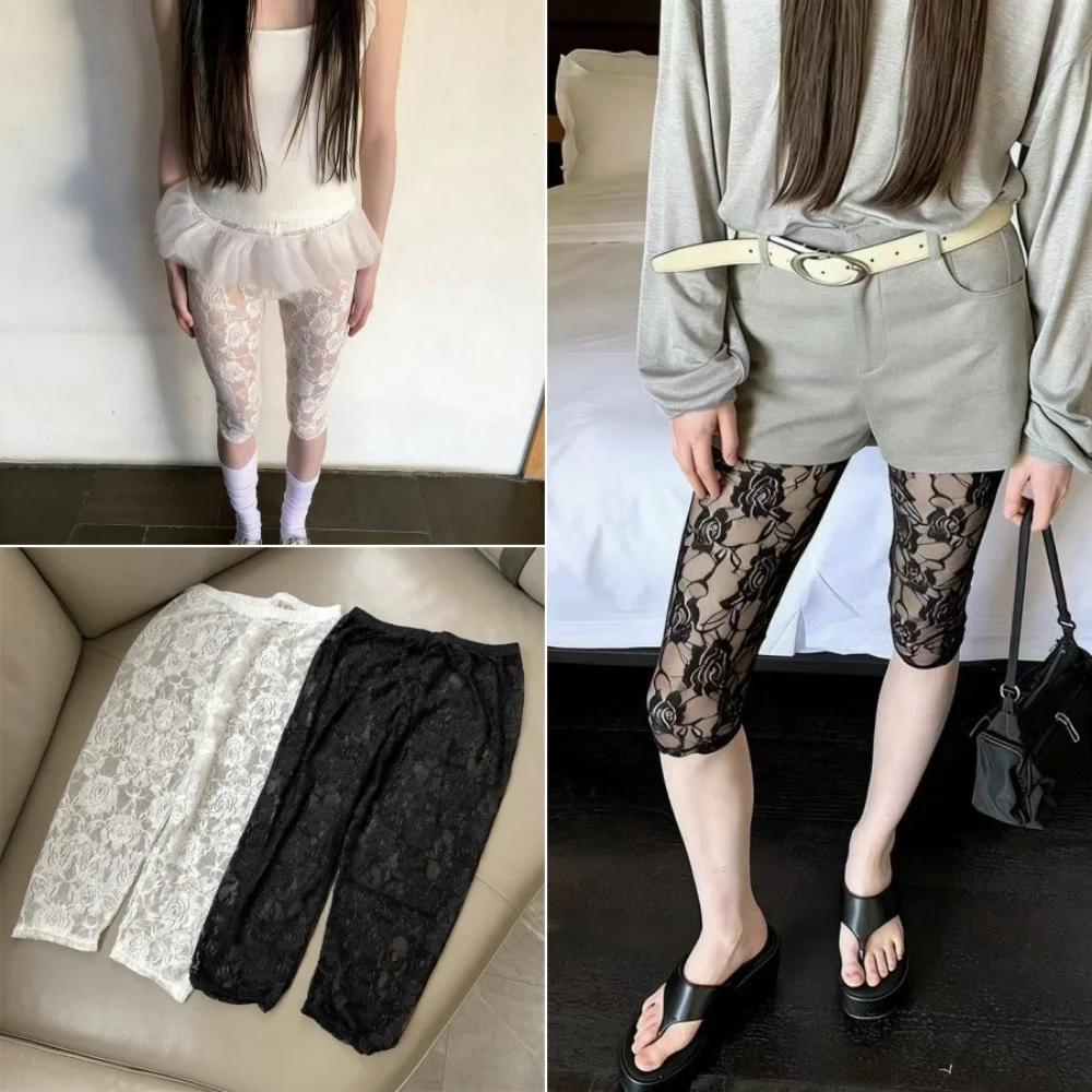 Y2K Vintage Rose Lace Transparent Capri Pants Ladies Elastic Waist Sheer Mesh Leggings Summer Streetwear Layering Bottoms