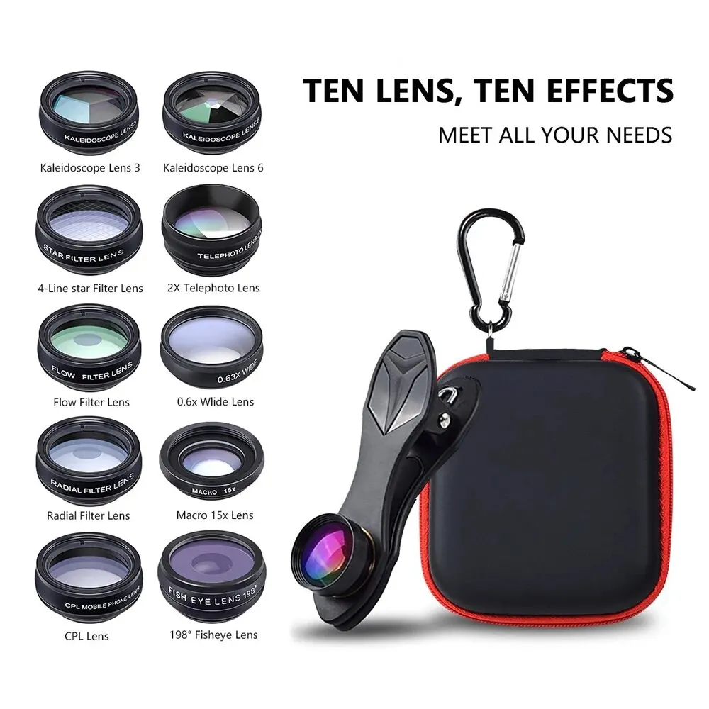 APEXEL Phone Lens Kit Universal 10 in 1 Fisheye Wide Angle Macro Lens CPL Filter Kaleidoscope+2X Telescope Lens for Smartphones