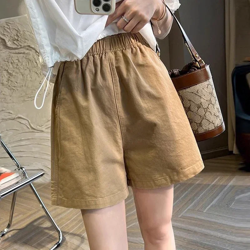 

Summer Womens Shorts High Waist Cotton Casual Wide Leg Short Pants Girl Elastic Waist Khaki Slim Korean Fashion Shorts for Women