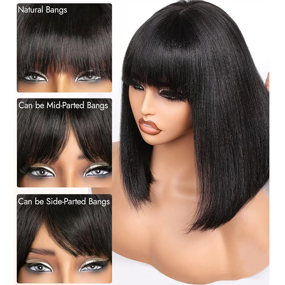 16 Inch Straight Bob Bangs Wig 3x1 Lace Human Hair Wigs with Bangs 200% Density Short Natural Black Ready to Wear and Go Wigs for Women Beginner Friendly
