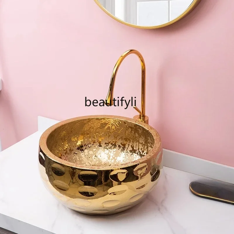 Light luxury countertop basin deepens anti-splash art countertop basin, bathroom gold-plated hand wash ceramic washbasin