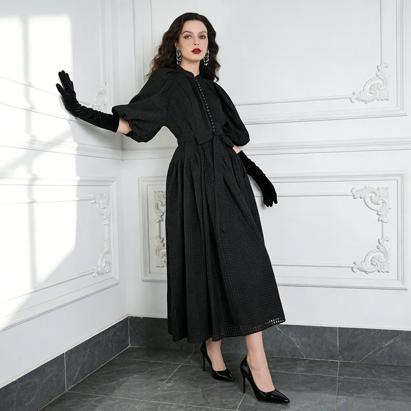 Elegant Hollow Out Mesh Midi Dress Luxury Half Sleeve A Line Gown for Wedding Guest Formal Party Birthday Club Evening Event