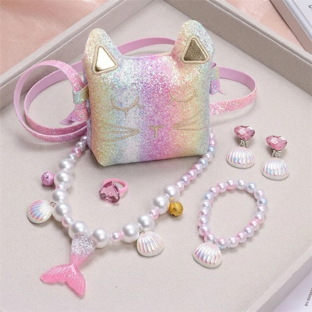 

Toddler Purse for Little Girls Dress Up Jewelry Set Pretend Play Kid Accessories Mermaid Princess Birthday Gift Earring Necklace