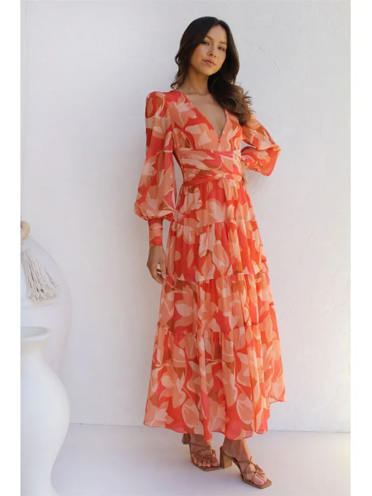 Autumn New Flower Print Long Dresses Women Fashion Temperament V-neck Long Sleeve A-line Dress Elegant Lady Commuting Vestidos