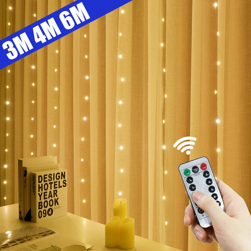 LED String Lights Christmas Decoration Remote Control USB Wedding Garland Curtain 6x3M Lamp Holiday for Bedroom Outdoor Fairy