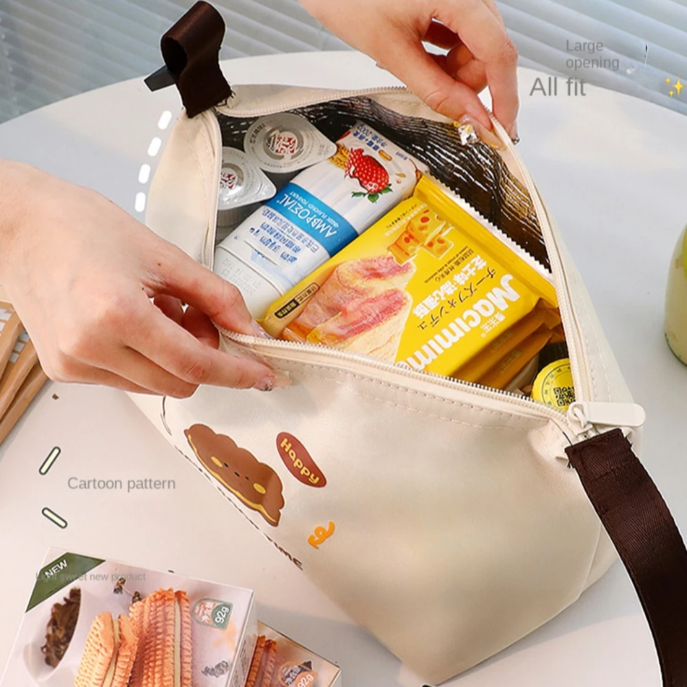 Insulated Cartoon Picnic Bag Bread Print Waterproof Lunch Thermal Bag Oxford Cloth Handheld Portable Tote Lunch Bag