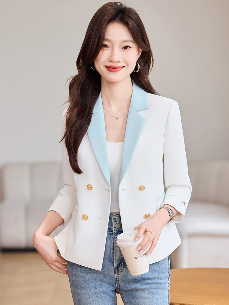 

Белая короткая женская куртка 2026 года, новая весенняя коллекция, высококачественная, с цветовыми блоками, модная, для повседневной носки, из полиэфирного волокна, с длинными рукавами