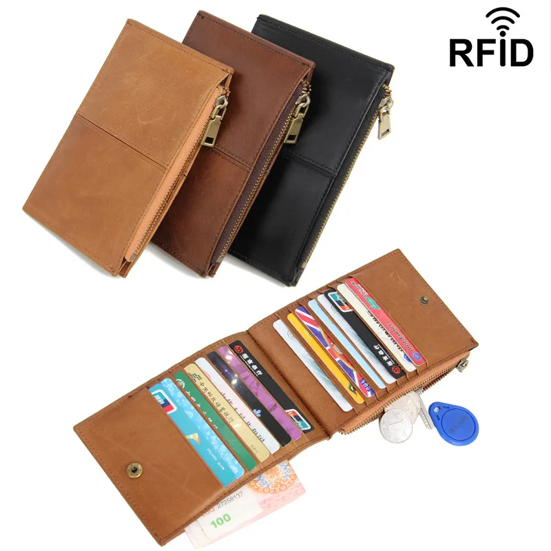 Oil Waxed Cowhide Leather Card Wallet Small Zip Coin Purse with ID Window Multi Card Slots Retro Daily Travel Organizer