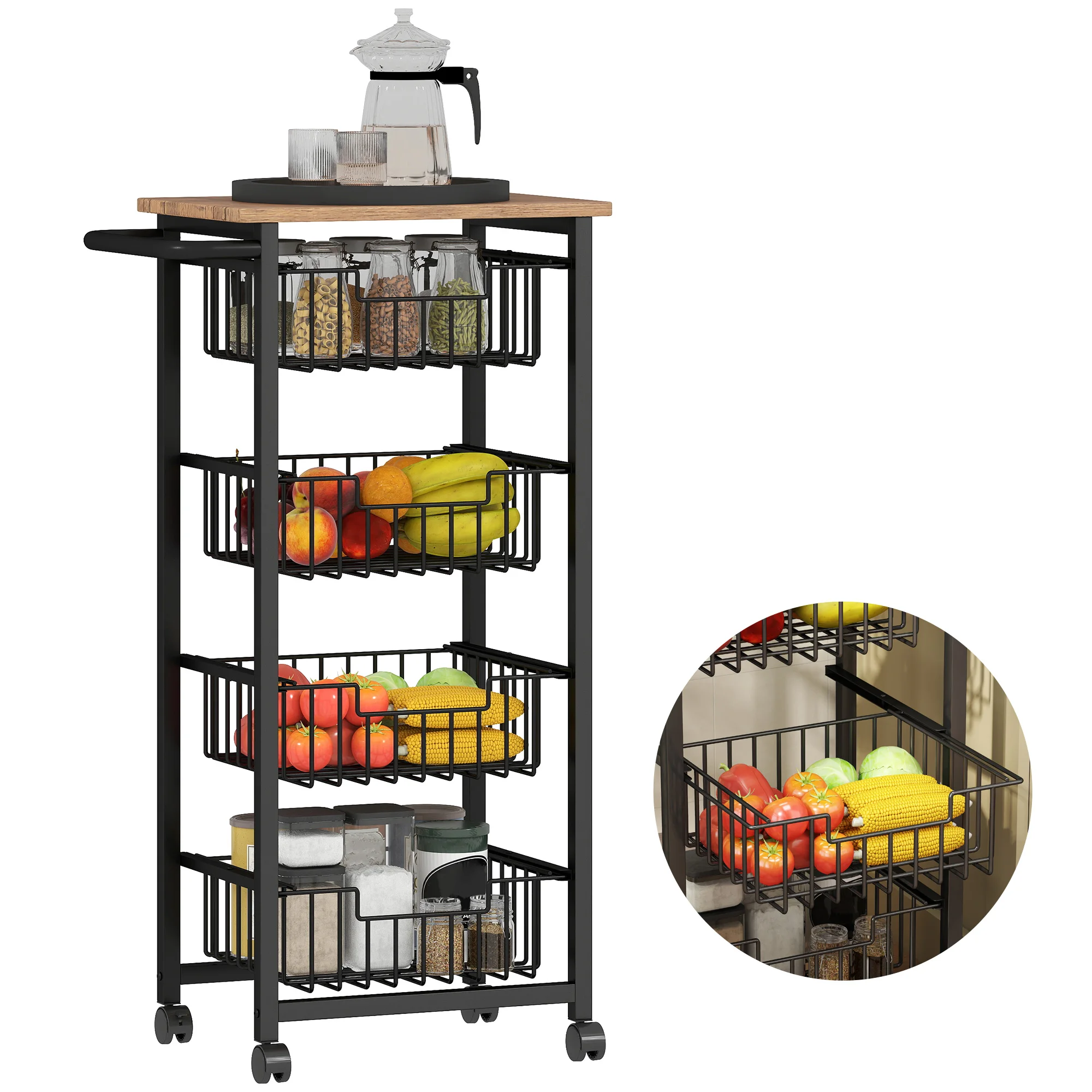 HOMCOM Carrito de Cocina con 4 Cestas Deslizables 49,5x31x91 cm Roble